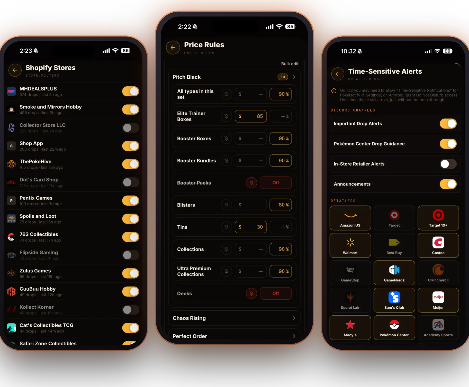 Personalization — TCG selection, price rules, and alert preferences